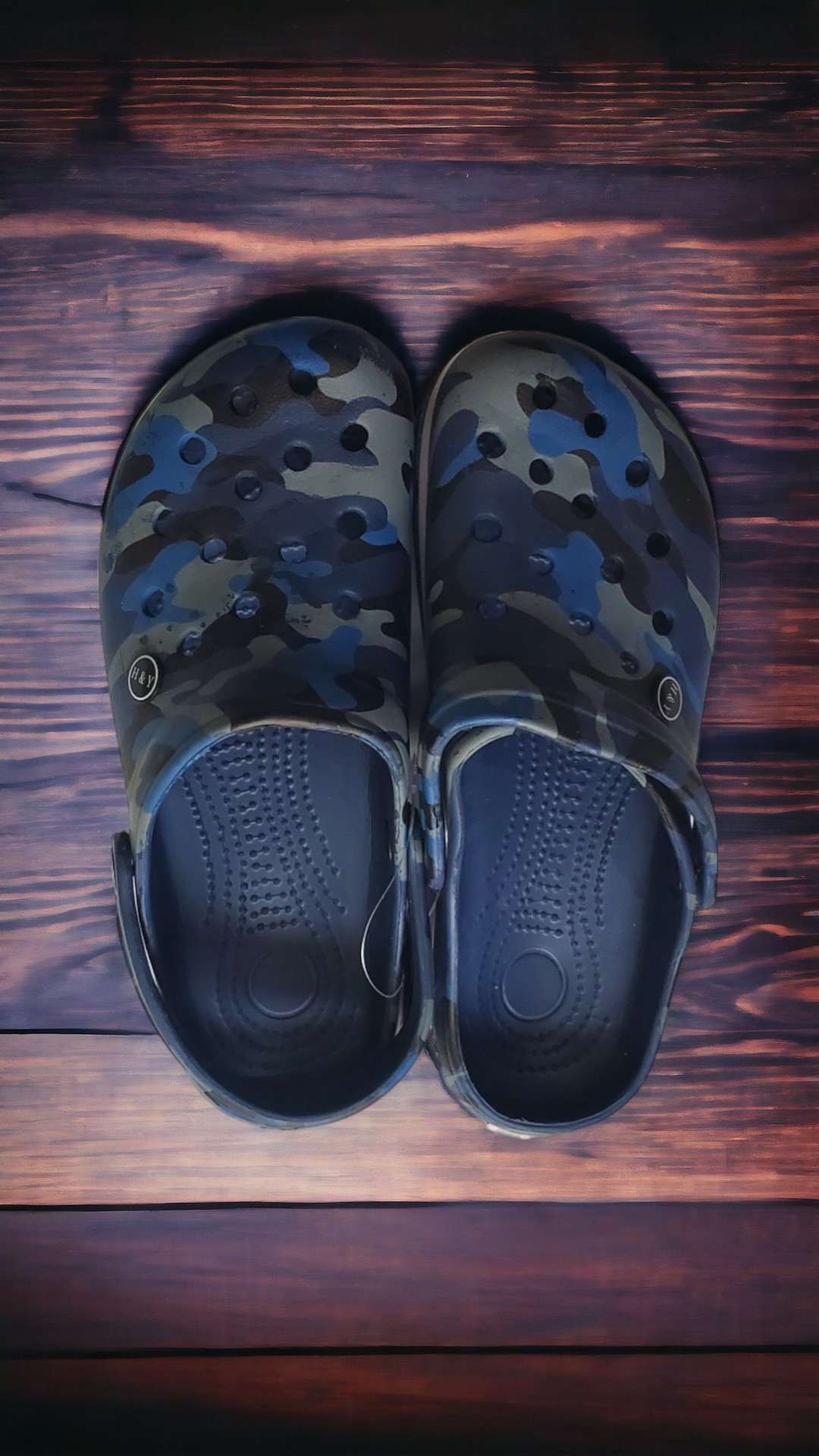 Blue camouflage crocs